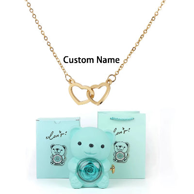 Custom Text Double Love Heart Eternal Necklace with Luxury Bear 