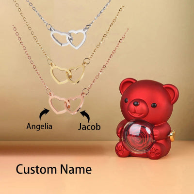 Custom Text Double Love Heart Eternal Necklace with Luxury Bear Rose Gift Box 